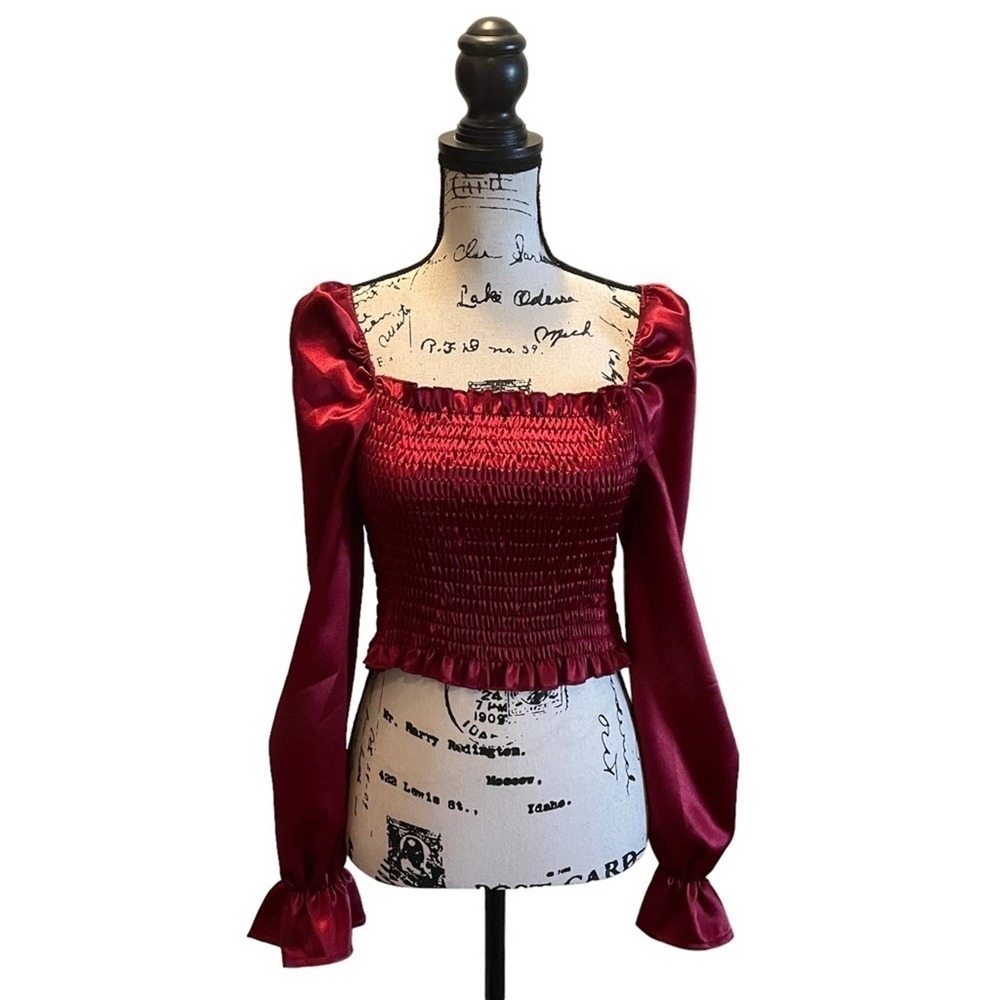 Shein Satin Peasant Crop Top Red Small Stretch Shirred Shiny Puffy Sleeve